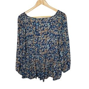 Lucky Brand Women's Multicolored Floral Tunic vneck long sleeves tiered design M